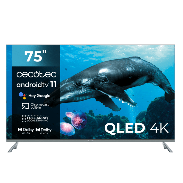 Cecotec TV QLED V3+ series VQU30075+ M Televisión QLED de gran pulgada con 75" con resolución 4K UHD y Android TV 11 Full Array Local Dimming 120 Hz Dolby Vision & Atmos Wide Colour Gammut HDR10 HDM 2.1 USB 3.0 CORTEX A55 Goog