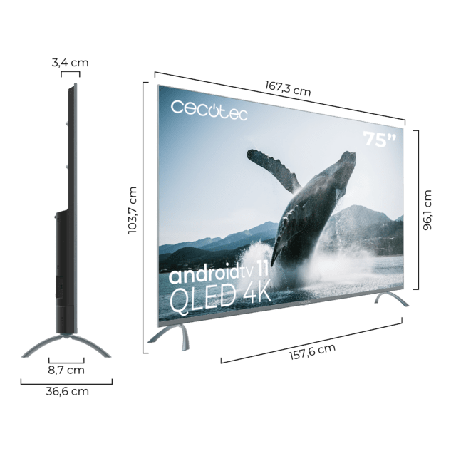 Cecotec TV QLED V3+ Series VQU30075+S Televisión QLED De Gran Pulgada Con 75" Con Resolución 4K UHD Y Android TV 11 Full Array Local Dimming 120 Hz Dolby Vision & Atmos Wide Colour Gammut HDR10 HDM 2.1 USB 3.0 CORTEX A55 Googl