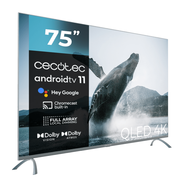 Cecotec TV QLED V3+ Series VQU30075+S Televisión QLED De Gran Pulgada Con 75" Con Resolución 4K UHD Y Android TV 11 Full Array Local Dimming 120 Hz Dolby Vision & Atmos Wide Colour Gammut HDR10 HDM 2.1 USB 3.0 CORTEX A55 Googl