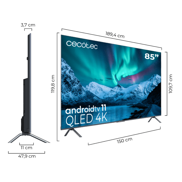 Cecotec TV QLED V3+ Series VQU30085+ M Televisión QLED De Gran Pulgada Con 85" Resolución 4K UHD Y Android TV 11 Full Array Local Dimming 120 Hz Altavoces Con 60W Dolby Vision & Atmos Wide Colour Gammut HDR10 HDM 2.1 USB 3.0 C