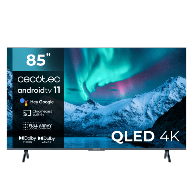 Cecotec TV QLED V3+ series VQU30085+ M Televisión QLED de gran pulgada con 85" resolución 4K UHD y Android TV 11 Full Array Local Dimming 120 Hz Altavoces con 60W Dolby Vision & Atmos Wide Colour Gammut HDR10 HDM 2.1 USB 3.0 C