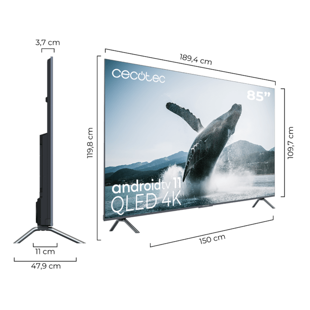 Cecotec TV QLED V3+ Series VQU30085+S Televisión QLED De Gran Pulgada Con 85" Resolución 4K UHD Y Android TV 11 Full Array Local Dimming 120 Hz Altavoces Con 60W Dolby Vision & Atmos Wide Colour Gammut HDR10 HDM 2.1 USB 3.0 CO