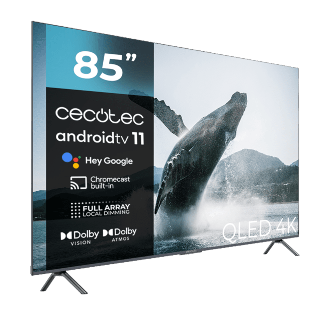Cecotec TV QLED V3+ Series VQU30085+S Televisión QLED De Gran Pulgada Con 85" Resolución 4K UHD Y Android TV 11 Full Array Local Dimming 120 Hz Altavoces Con 60W Dolby Vision & Atmos Wide Colour Gammut HDR10 HDM 2.1 USB 3.0 CO