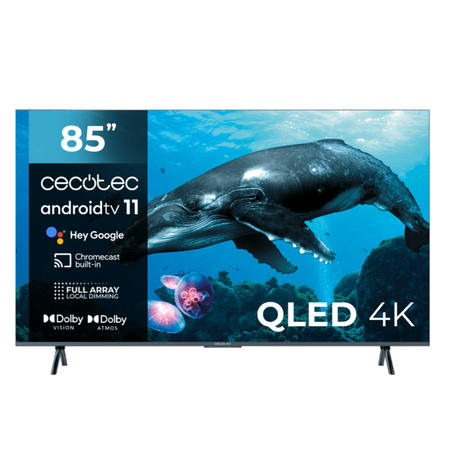 Cecotec TV QLED V3+ series VQU30085+S Televisión QLED de gran pulgada con 85" resolución 4K UHD y Android TV 11 Full Array Local Dimming 120 Hz Altavoces con 60W Dolby Vision & Atmos Wide Colour Gammut HDR10 HDM 2.1 USB 3.0 CO