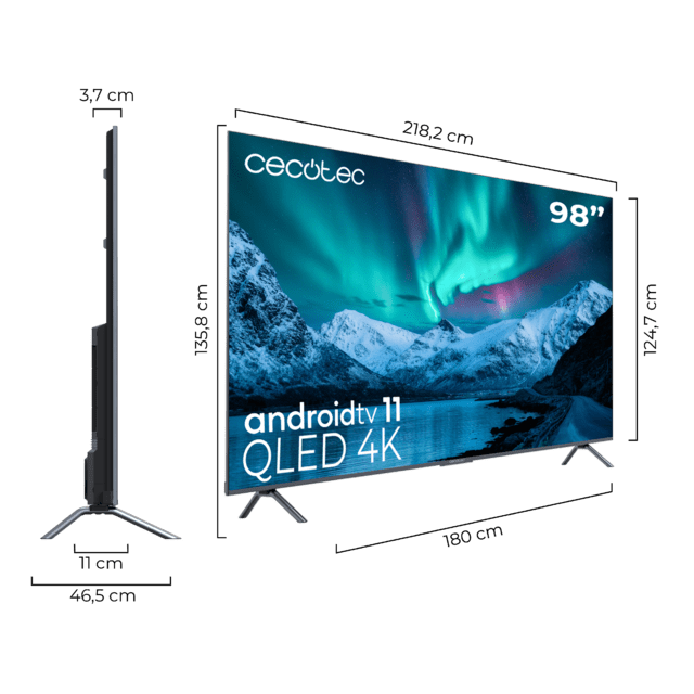 Cecotec TV QLED V3+ Series VQU30098+ M Televisión QLED De Gran Pulgada Con 98" Resolución 4K UHD Y Android TV 11 Full Array Local Dimming 120 Hz Altavoces Con 60W Dolby Vision & Atmos Wide Colour Gamut HDR10 HDM 2.1 USB 3.0 CO