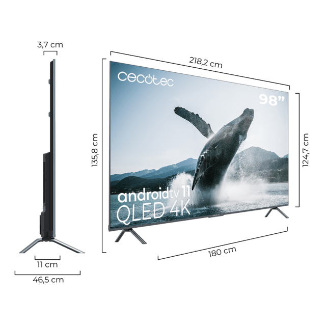 Cecotec TV QLED V3+ Series VQU30098+S Televisión QLED De Gran Pulgada Con 98" Resolución 4K UHD Y Android TV 11 Full Array Local Dimming 120 Hz Altavoces Con 60W Dolby Vision & Atmos Wide Colour Gammut HDR10 HDM 2.1 USB 3.0 CO