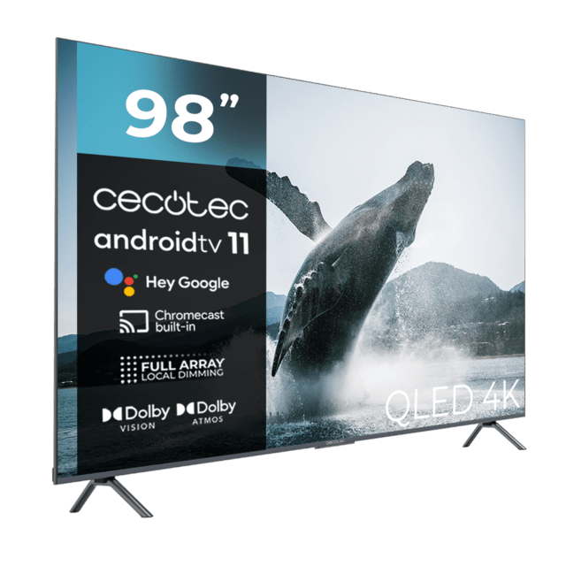 Cecotec TV QLED V3+ Series VQU30098+S Televisión QLED De Gran Pulgada Con 98" Resolución 4K UHD Y Android TV 11 Full Array Local Dimming 120 Hz Altavoces Con 60W Dolby Vision & Atmos Wide Colour Gammut HDR10 HDM 2.1 USB 3.0 CO