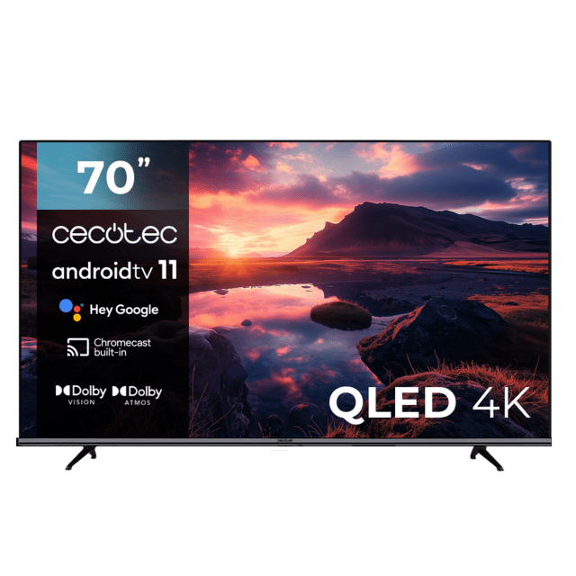 Cecotec TV V1+ series VQU11070+ M Televisión QLED 70” con resolución 4K UHD sistema operativo Android TV 11 subwoofers Chromecast HDR10+ Google Voice Assistant clase E. Televisión QLED 70" Smart TV