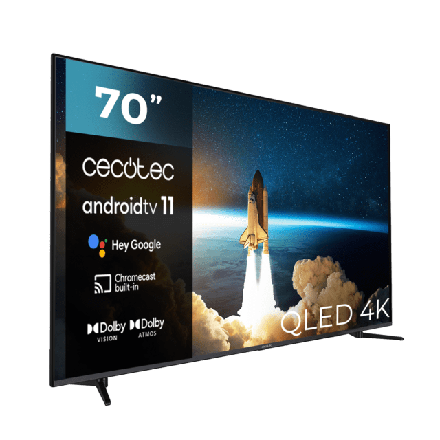Cecotec TV V1+ Series Vqu11070+s TV QLED 4K 70" Pulgadas Smart TV Android 11 Dolby Vision Dolby Atmos HDMI 2. Atenuación Local MicroDimming HDR10 Audio 24W DTS Virtual X + DTS X 2 Mandos (1 Smart) SubWoofer Integrado MEMC Eye S