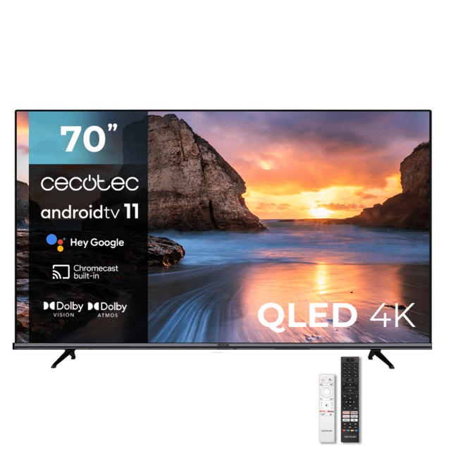 Cecotec TV v1+ series vqu11070+s TV QLED 4K 70" Pulgadas Smart TV Android 11 Dolby Vision Dolby Atmos HDMI 2. Atenuación local MicroDimming HDR10 Audio 24W DTS Virtual X + DTS X 2 Mandos (1 smart) SubWoofer integrado MEMC Eye S