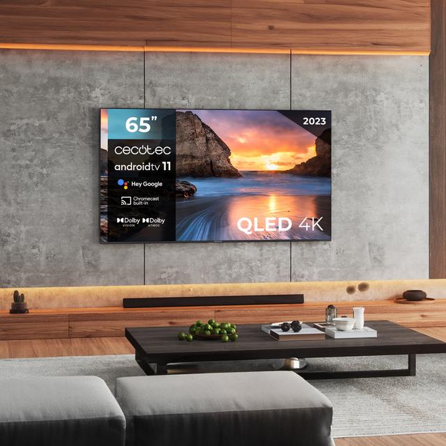 Cecotec TV V1Z+ Series VQU11065Z+ Televisión QLED 65” Con Resolución 4K UHD Sistema Operativo Android TV 11 Subwoofers Chromecast HDR10+ Google Voice Assistant Clase E. Televisión QLED 65" Smart TV