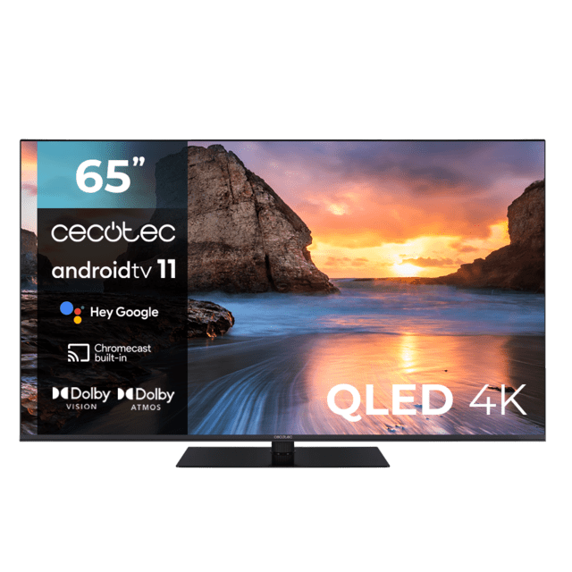 Cecotec TV V1Z+ series VQU11065Z+ Televisión QLED 65” con resolución 4K UHD sistema operativo Android TV 11 subwoofers Chromecast HDR10+ Google Voice Assistant clase E. Televisión QLED 65" Smart TV