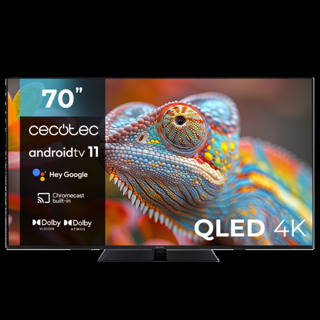 Cecotec TV V1Z+ Series VQU11070Z+ Televisión QLED 70” con resolución 4K UHD sistema operativo Android TV 11 subwoofers Chromecast HDR10+ Google Voice Assistant clase E. Televisión QLED 70” 