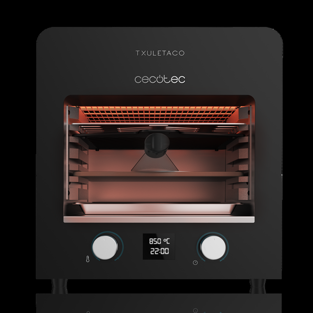 Cecotec Txuletaco 8000 Inferno. Horno para asado 2200W Parrilla de Hierro Fundido Piedra y Bandeja para Pizzas 2 bandejas recogegrasas Temperatura hasta 850º termómetro Digital de Cocina Incluido Parrilla eléctrica de alta te
