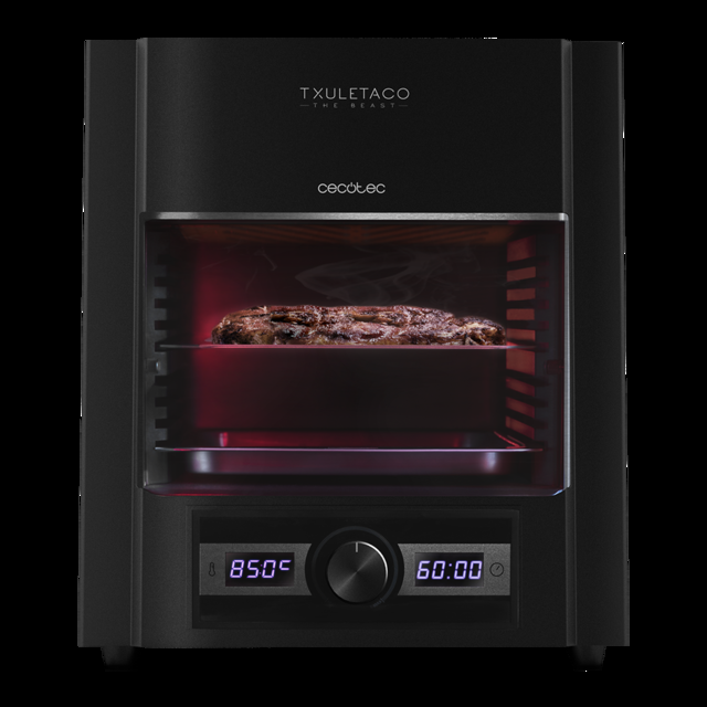 Cecotec Txuletaco The Beast 6850 Horno para asado hasta 850°C con 2000W de Potencia con Parrilla de Acero Inoxidable Bandeja recogegrasas y Sistema de Temperatura y Tiempo Regulables Black Parrilla eléctrica de alta temperatur
