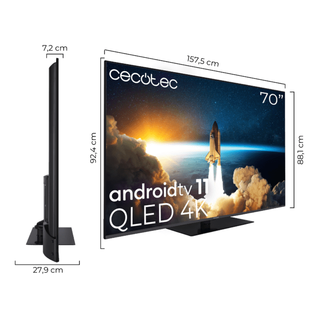 Cecotec V1+ Series VQU11070Z+S TV QLED 4K De 70" Smart TV Android 11 Puerto HDMI 2.1 4K Con ALLM Dolby Vision Dolby Atmos 2 Mandos SubWoofer DTS Virtual X + DTS X Vesa 400x200 Chromecast Miracast Compatible Google Voice Assistan