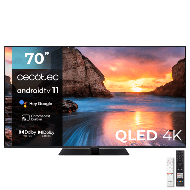 Cecotec V1+ series VQU11070Z+S TV QLED 4K de 70" Smart TV Android 11 Puerto HDMI 2.1 4K con ALLM Dolby Vision Dolby Atmos 2 Mandos SubWoofer DTS Virtual X + DTS X Vesa 400x200 Chromecast Miracast Compatible Google Voice Assistan