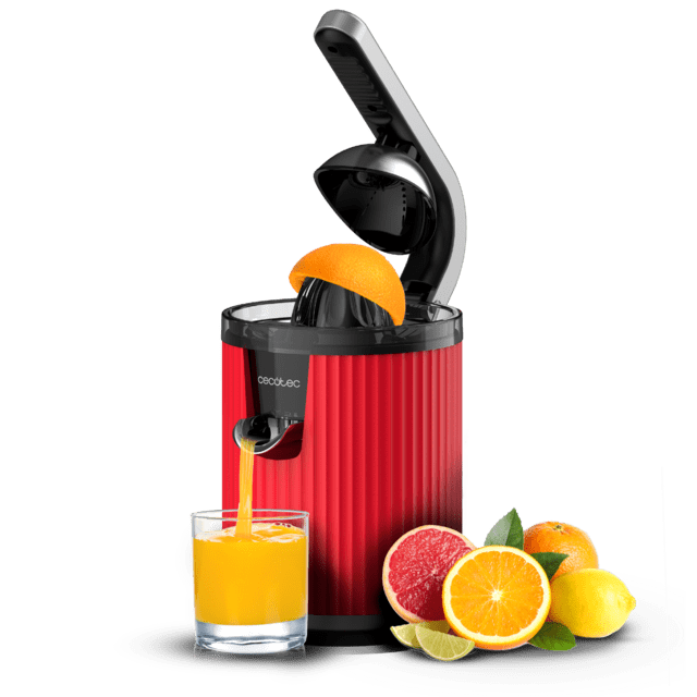 Cecotec Xqueeze RetroJuice 600 Red Exprimidor eléctrico de brazo retro para naranjas y cítricos con 600 W de potencia filtro de acero inoxidable un cono de plástico palanca para extraer la pulpa y sistema antigoteo. Exprimido