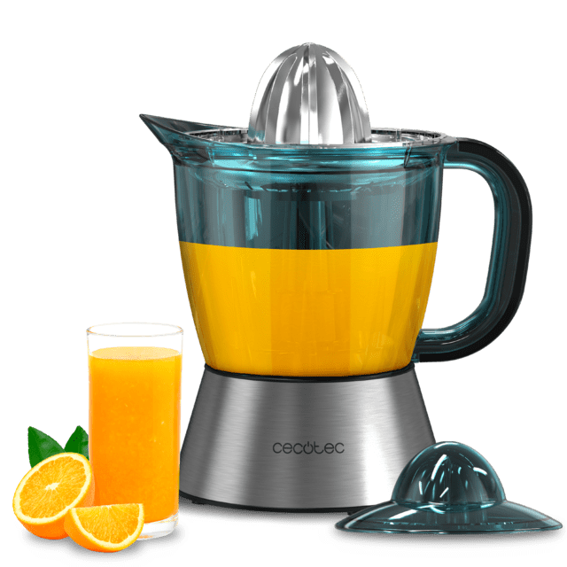 Cecotec Zitra Full Steel Exprimidor eléctrico para naranjas y cítricos con 60 W de potencia y filtro de acero inoxidable. Incluye 2 conos desmontables uno de plástico y otro de acero inoxidable. Exprimidor eléctrico