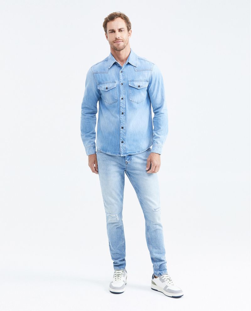 Chevignon Camisa En Denim Rígido Slim Fit Manga Larga Azul Claro Lavado Vintage Para Hombre