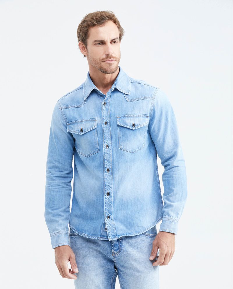 Chevignon Camisa en Denim Rígido Slim Fit Manga Larga Azul Claro Lavado Vintage para Hombre