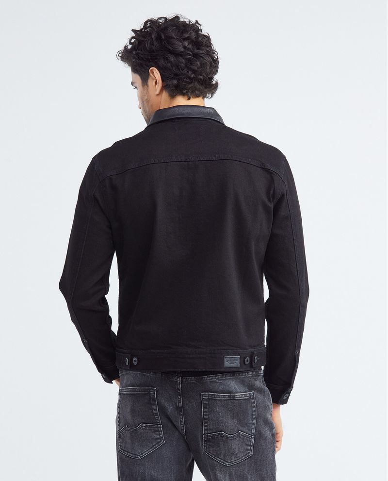 Chevignon Chaqueta De Hombre En Denim Tipo Trucker Straight Fit - Negro Cuello Y Bolsillo En Cuero
