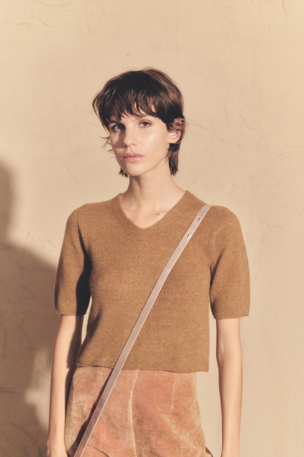 Cortana Chai Top De Punto De Alpaca Cachemir Y Seda Avellana