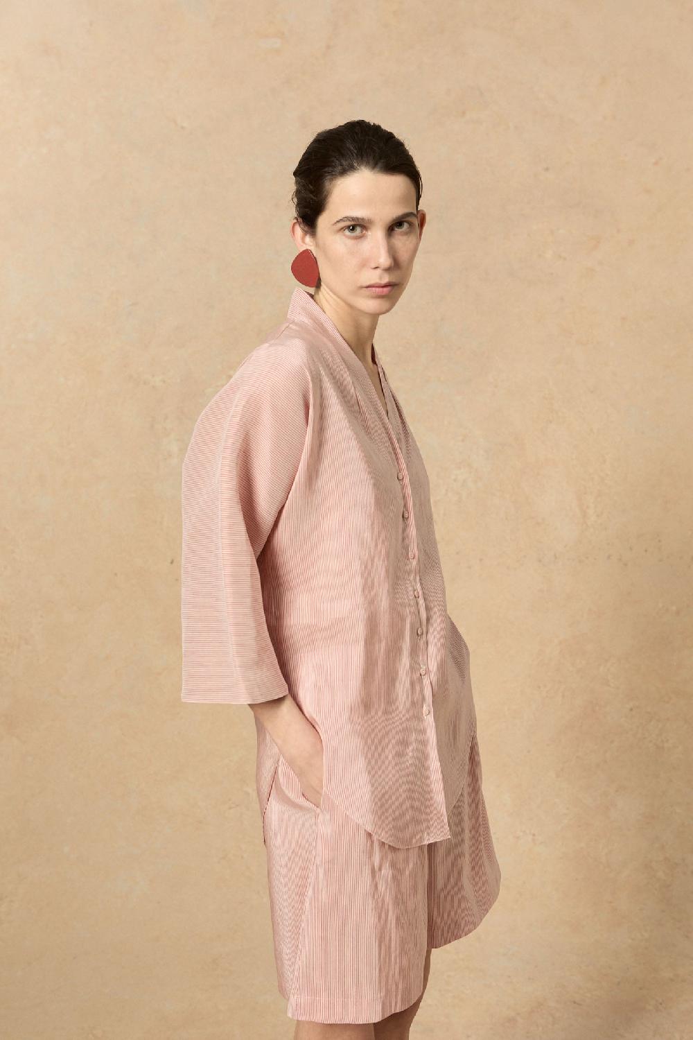 Cortana Cleo Pantalon Corto En Lino Y Seda A Rayas Rojas