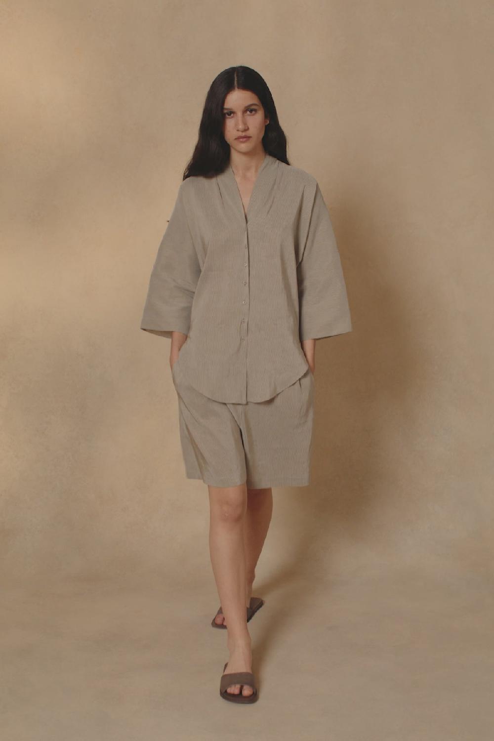 Cortana Cleo Pantalon Corto En Lino Y Seda A Rayas Verdes