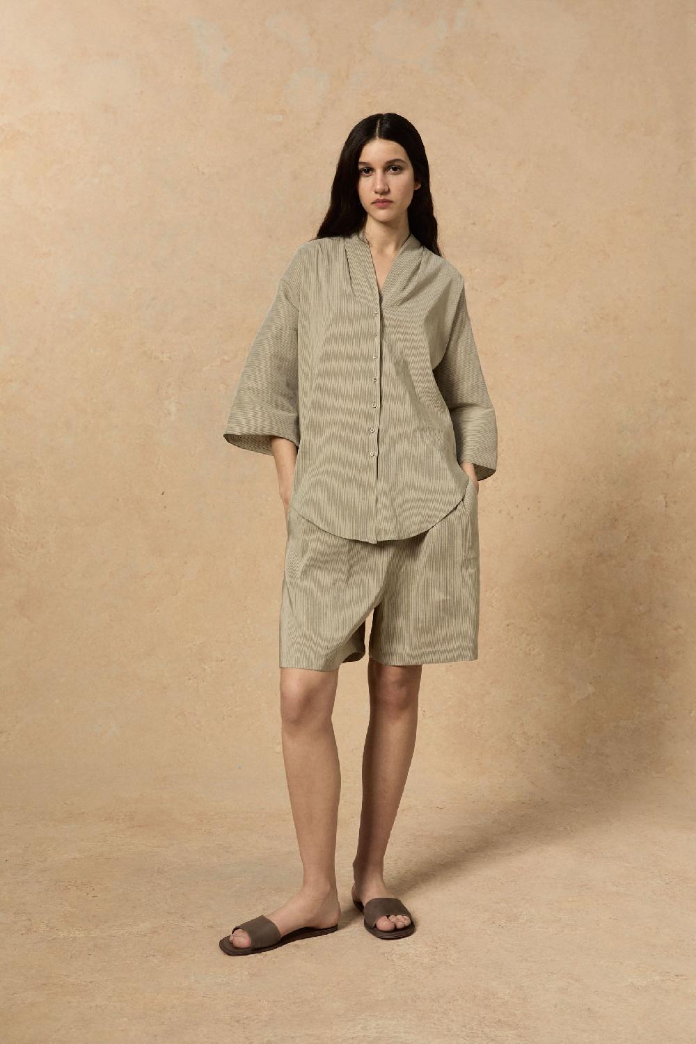 Cortana Cleo Pantalon Corto En Lino Y Seda A Rayas Verdes