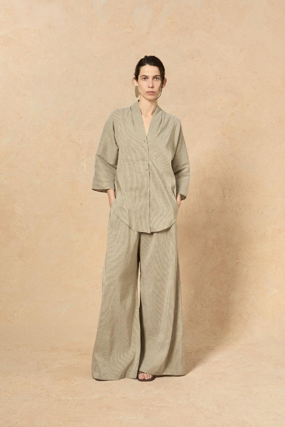 Cortana Cleo Pantalon En Lino Y Seda A Rayas Verdes