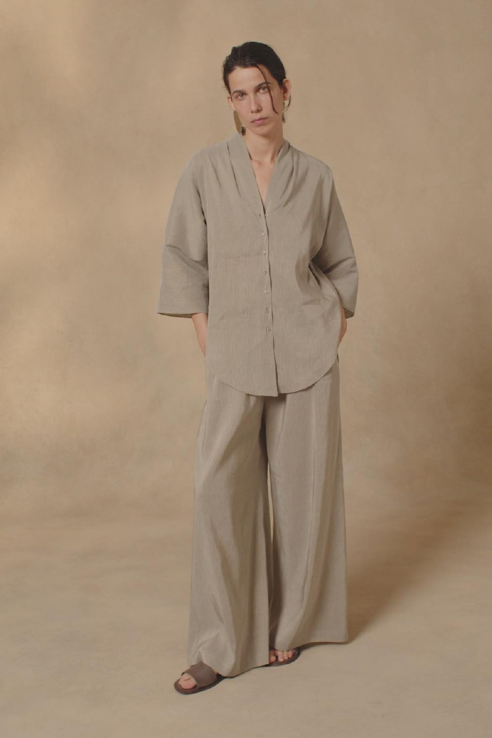 Cortana Cleo Pantalon En Lino Y Seda A Rayas Verdes