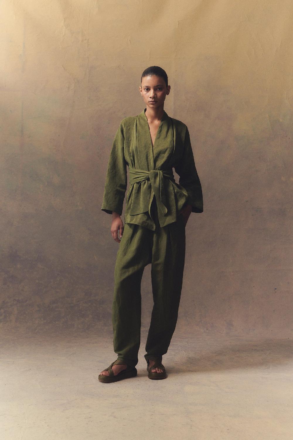 Cortana Ama Chaqueta En Lino Y Seda Verde