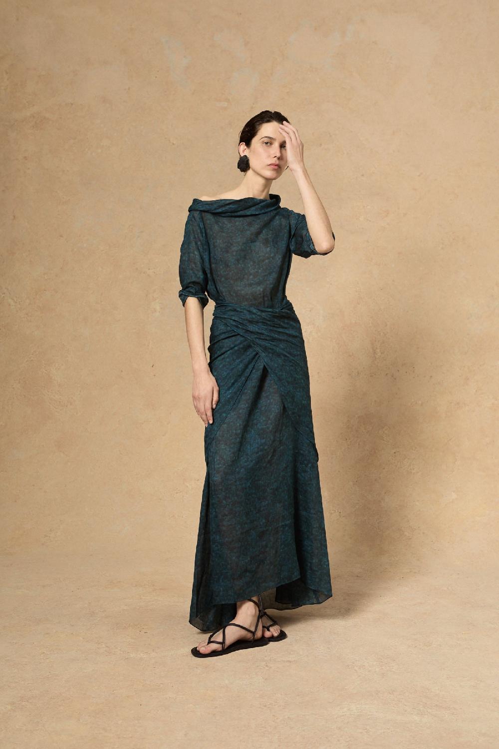 Cortana Blues Vestido En Ramio Tokyo Print