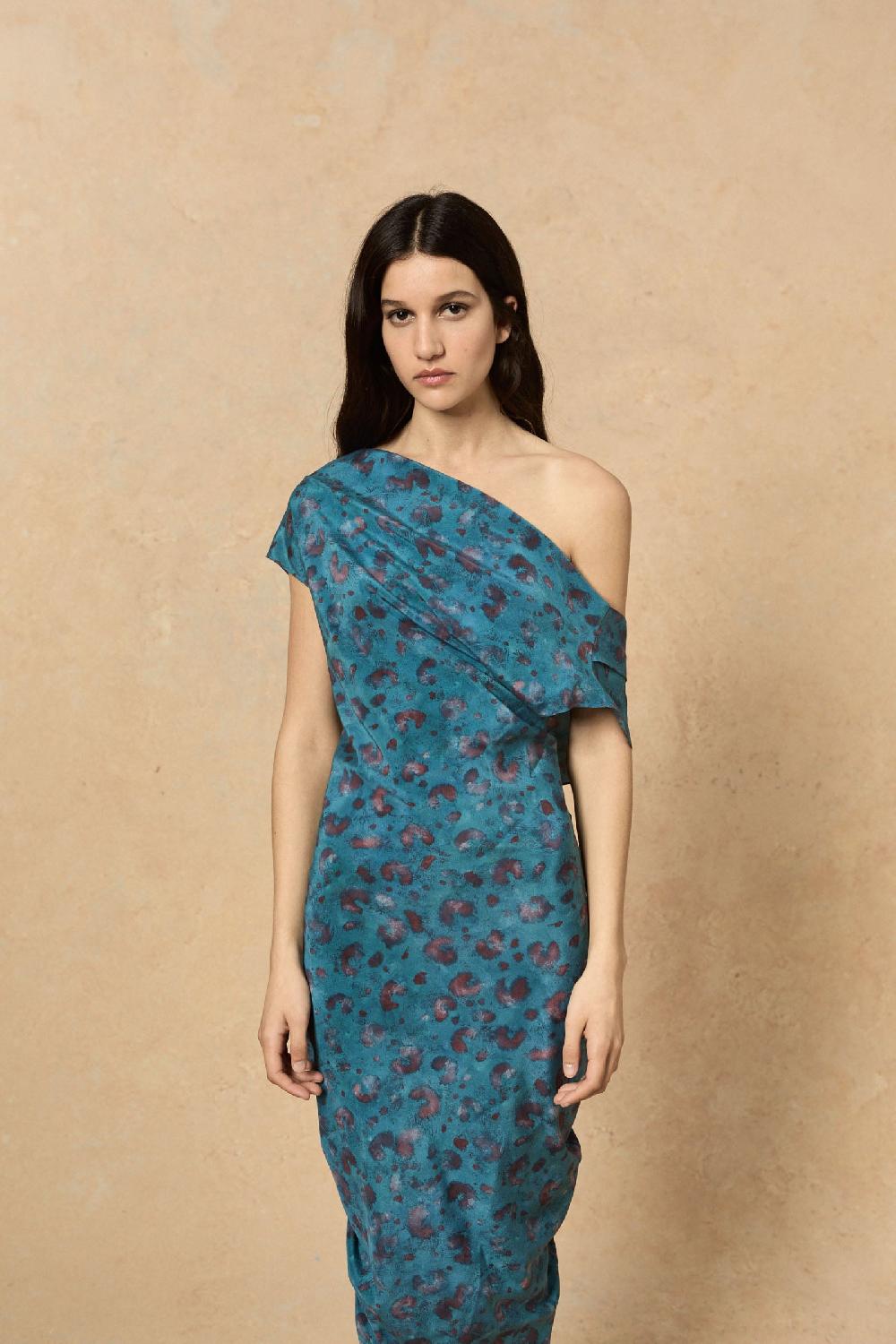 Cortana Camaron Vestido En Seda Stretch Isla Print