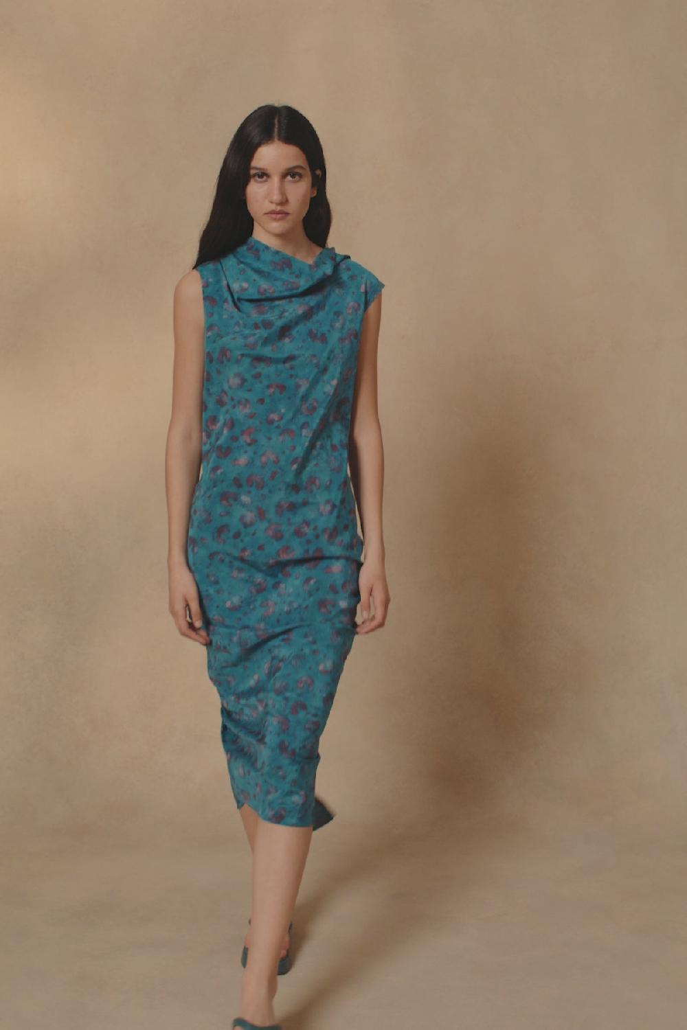 Cortana Camaron Vestido En Seda Stretch Isla Print