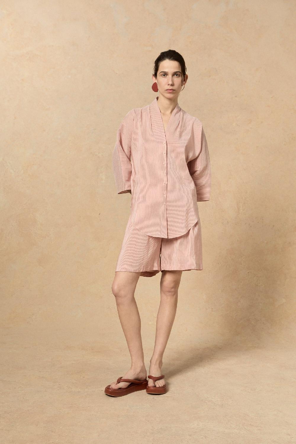 Cortana Cleo Camisa En Lino Y Seda A Rayas Rojas