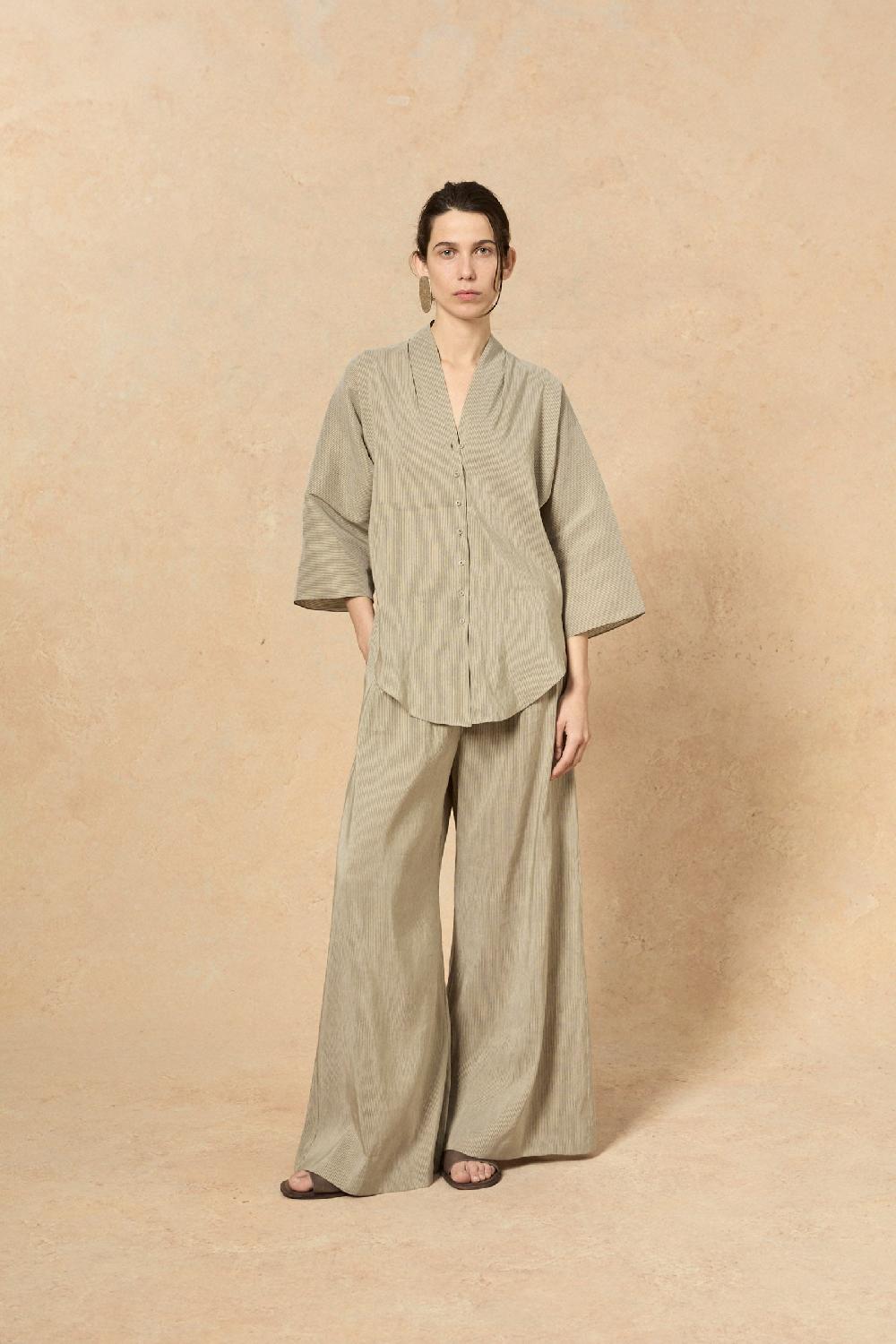 Cortana Cleo Camisa En Lino Y Seda A Rayas Verdes