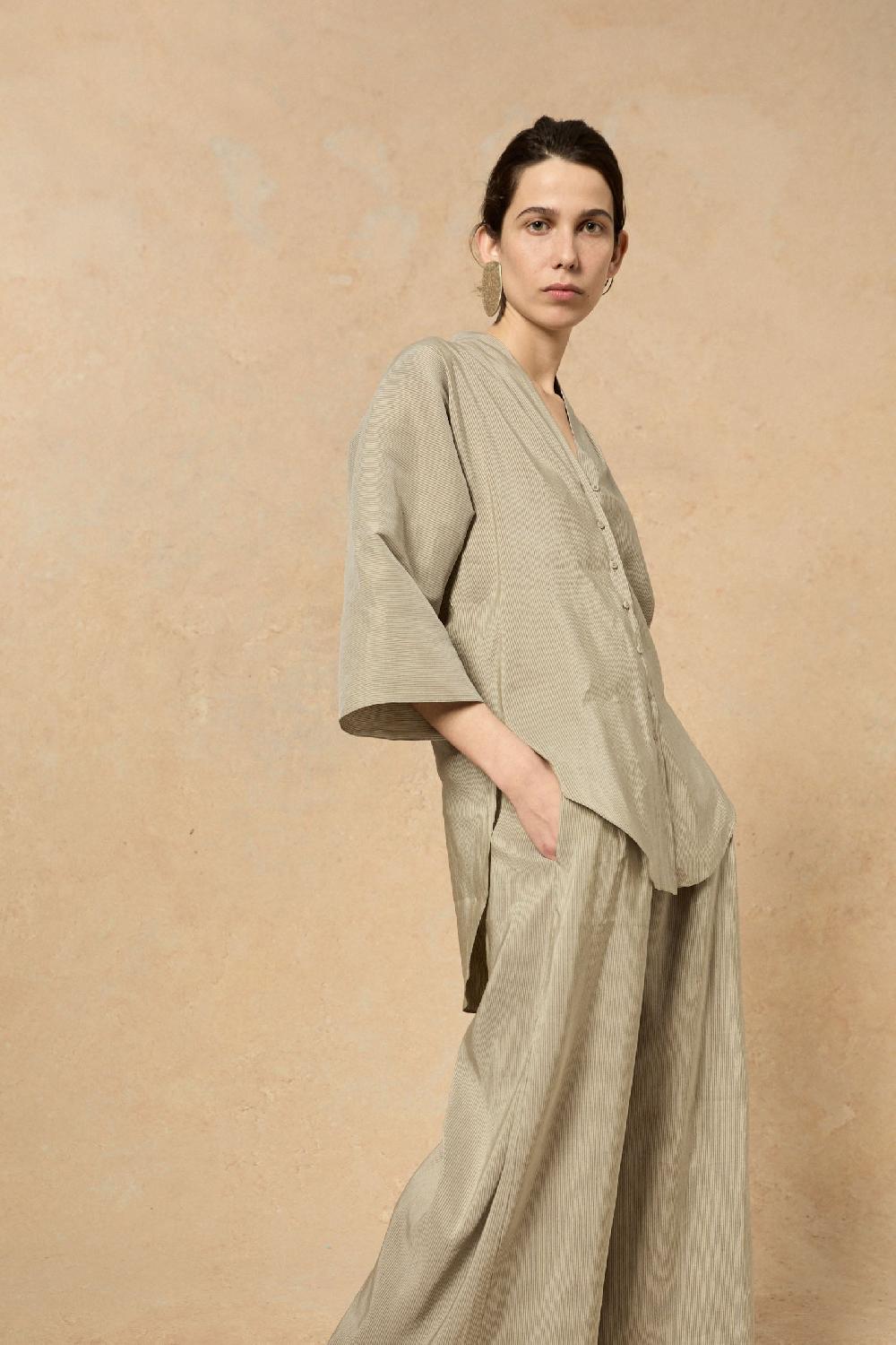 Cortana Cleo Camisa En Lino Y Seda A Rayas Verdes