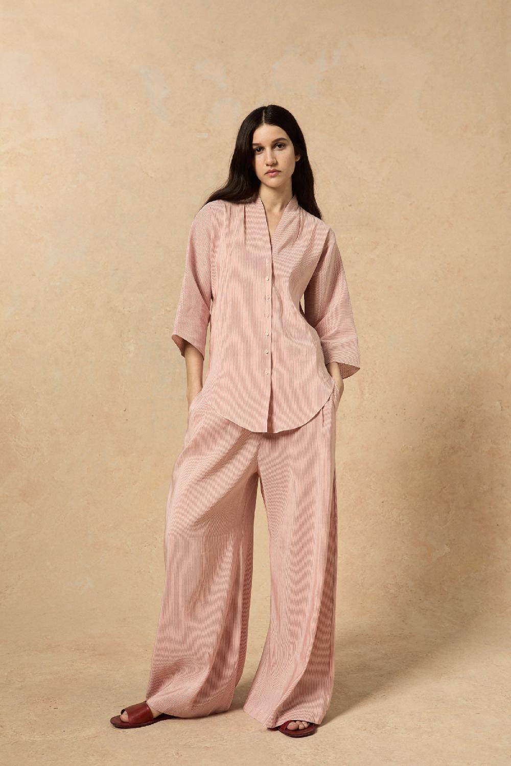 Cortana Cleo Pantalon En Lino Y Seda A Rayas Rojas