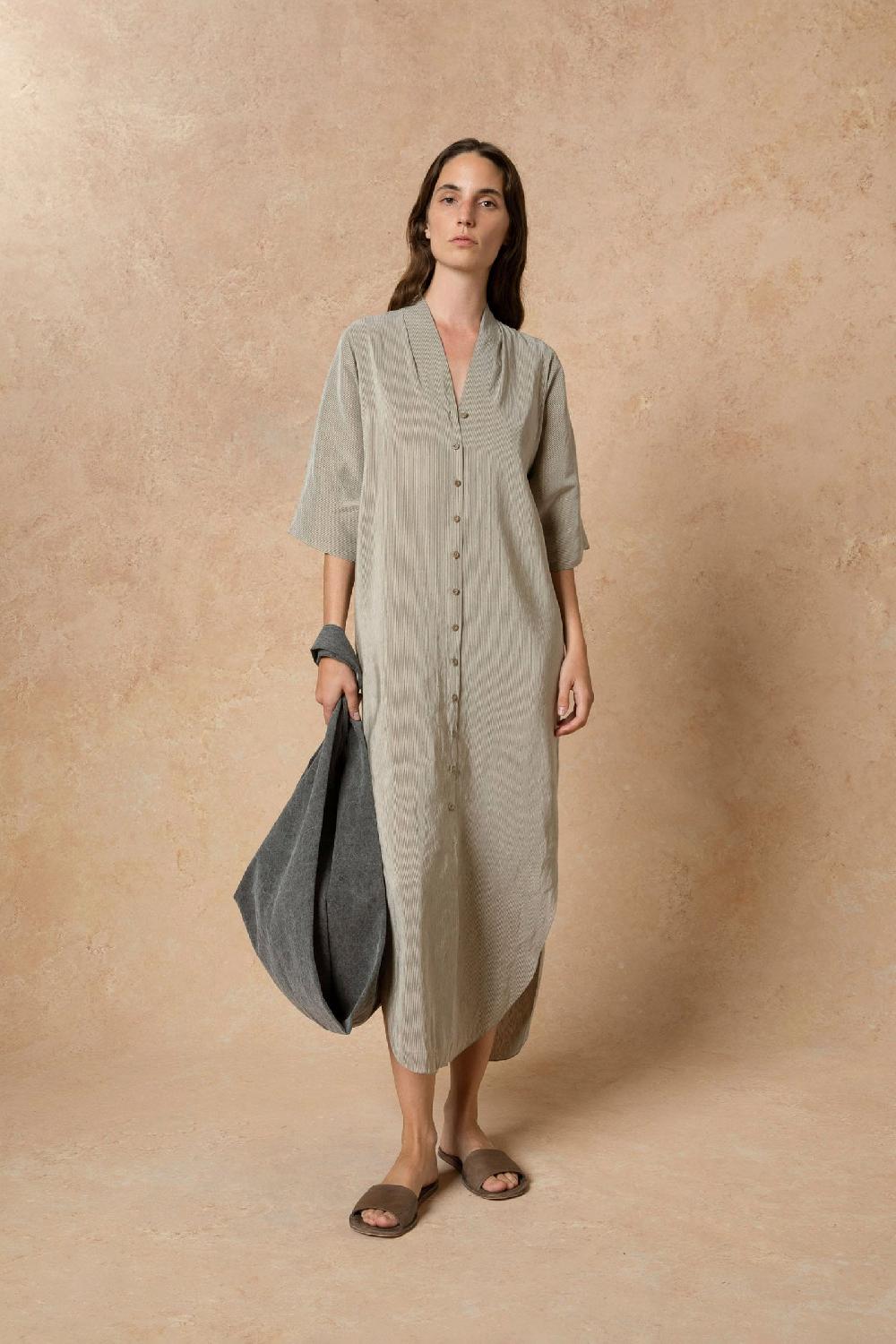 Cortana Cleo Vestido En Lino Y Seda A Rayas Verdes