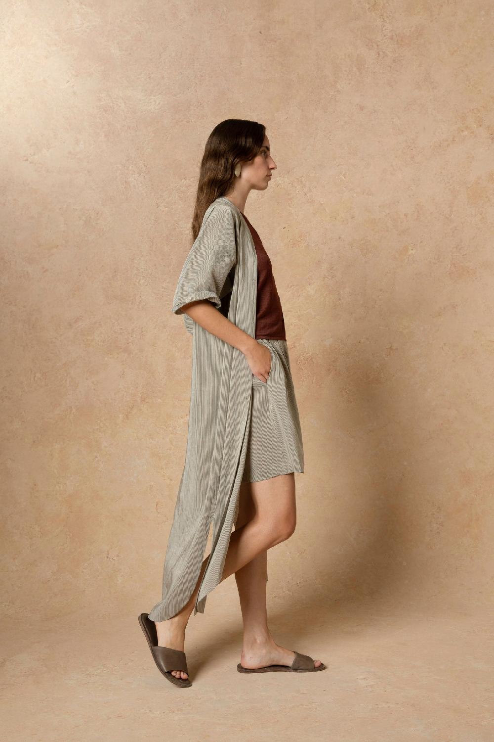 Cortana Cleo Vestido En Lino Y Seda A Rayas Verdes