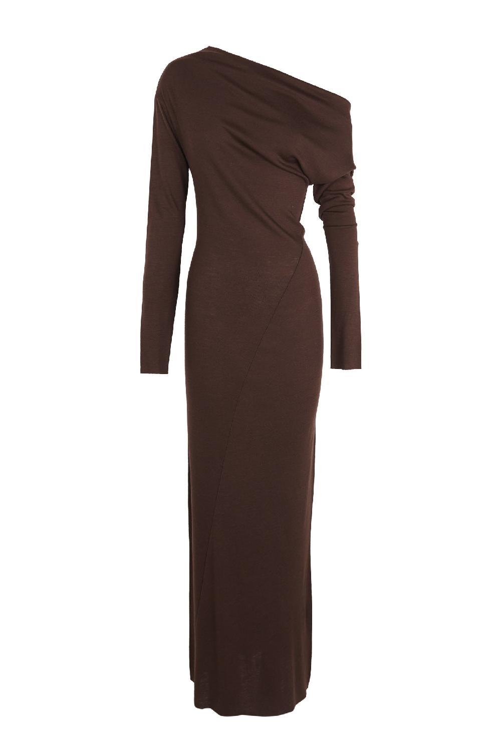 Cortana Genie vestido con cuello barco caoba