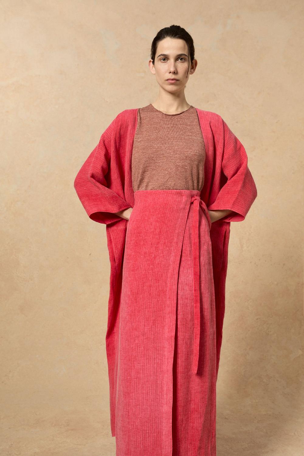 Cortana Lupe Abrigo En Lino Maltinto A Rayas Rosa