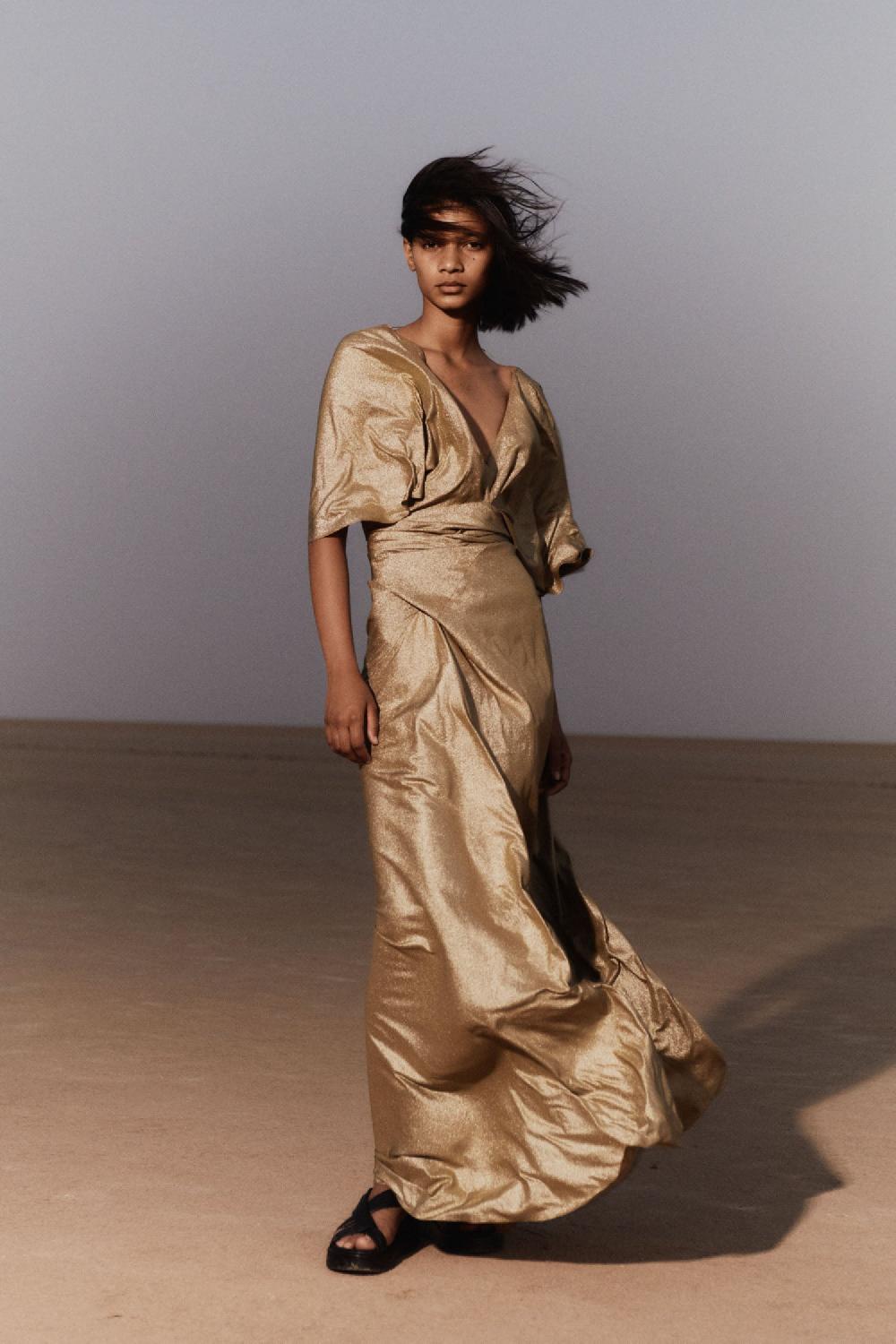 Cortana Martina Vestido En Seda Oro Metalizado