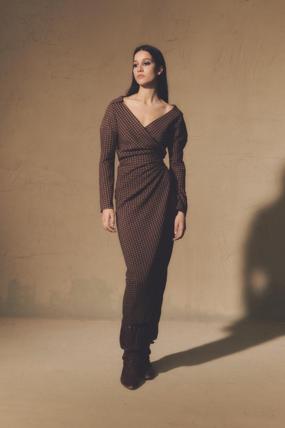 Cortana Norima Vestido Cruzado A Cuadros Burdeos