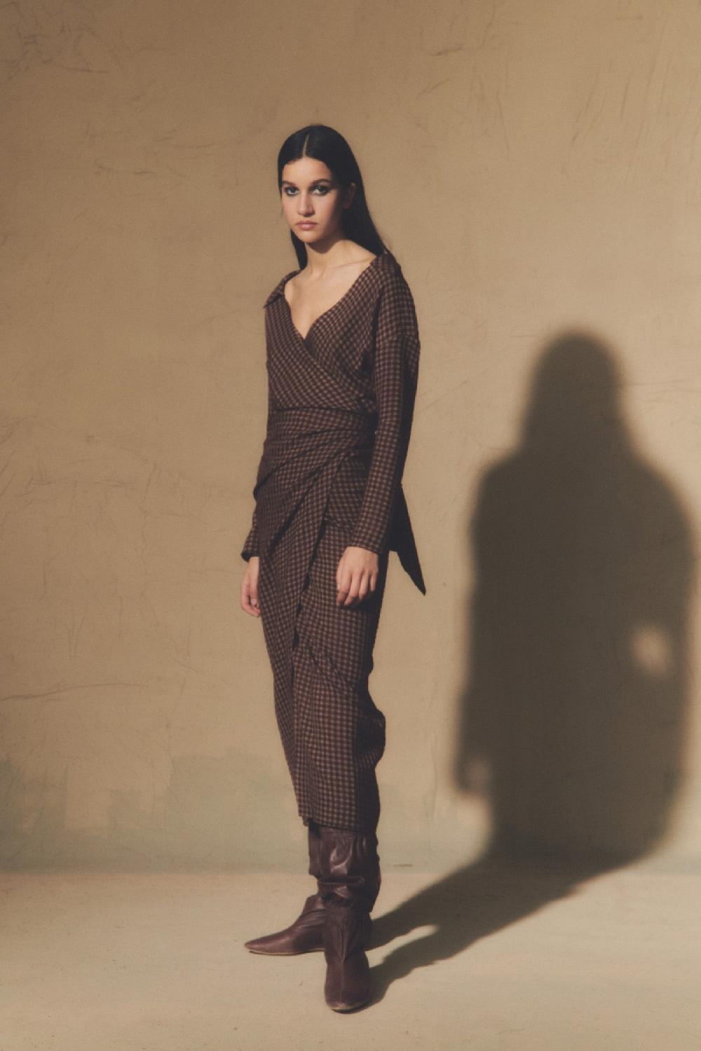 Cortana Norima Vestido Cruzado A Cuadros Burdeos