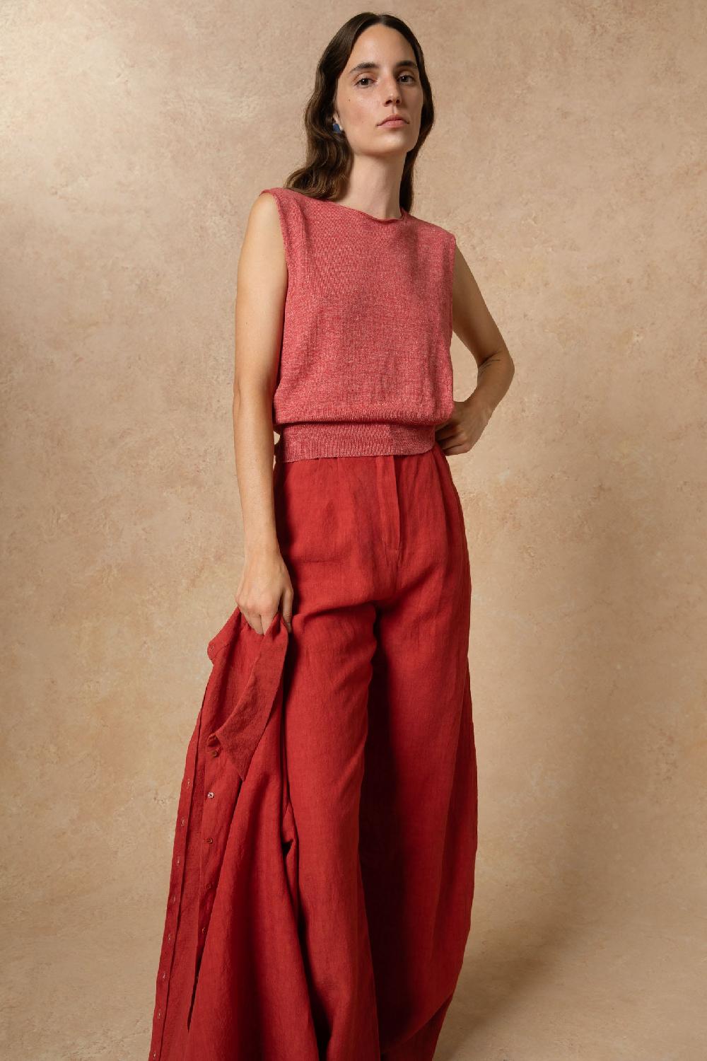 Cortana Rinen Chaleco De Punto De Lino Rojo Oscuro