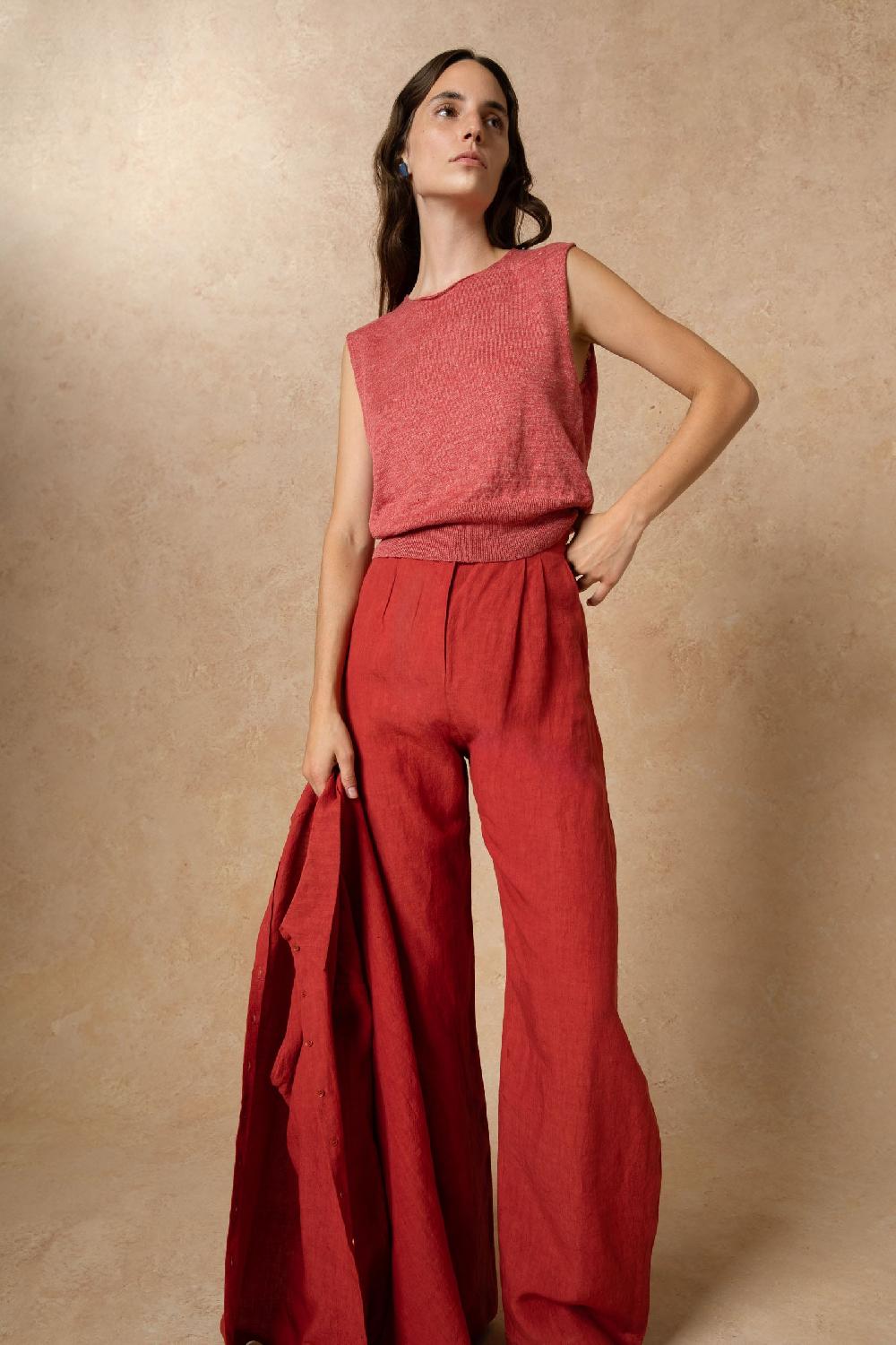 Cortana Rinen Chaleco De Punto De Lino Rojo Oscuro