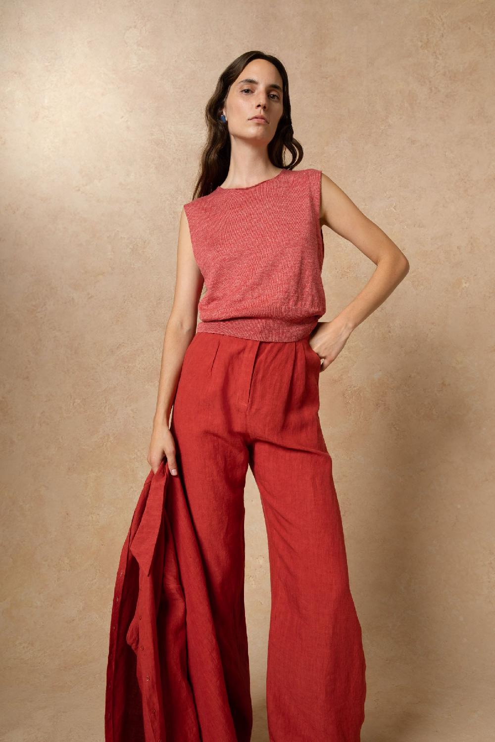 Cortana Rinen Chaleco De Punto De Lino Rojo Oscuro